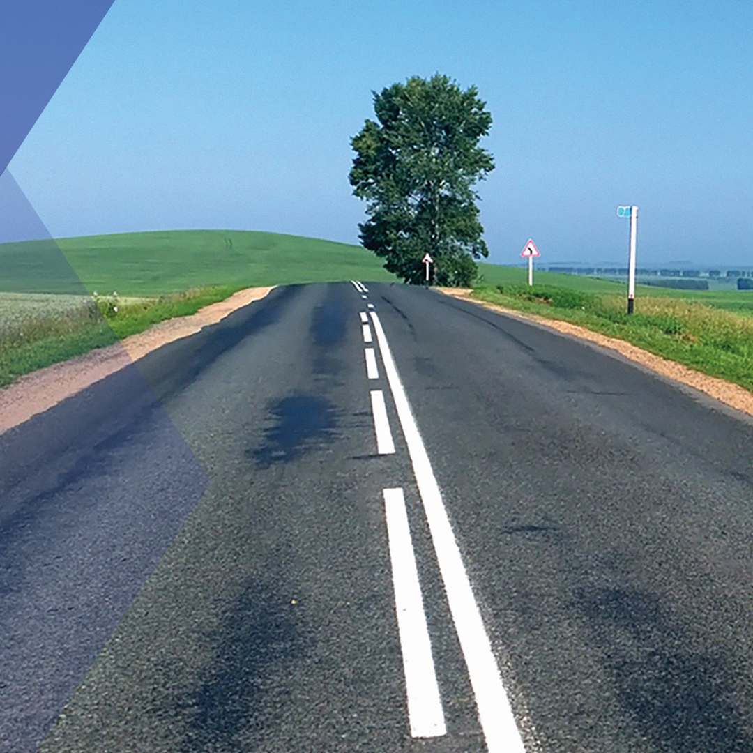 Open country road with clear blue sky, green fields, and a single tree in the distance.