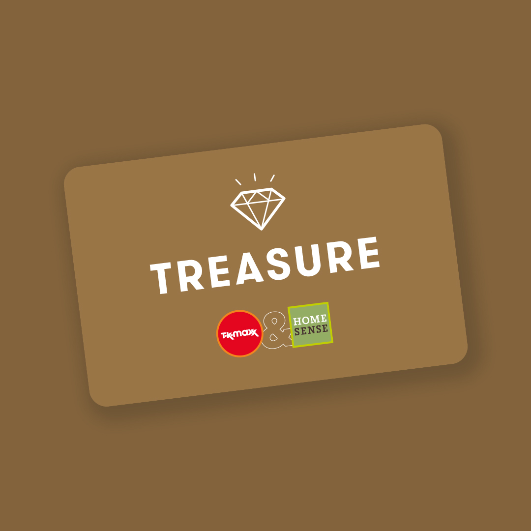 Brown Treasure rewards card featuring a diamond icon and the logos of TK Maxx and HomeSense.