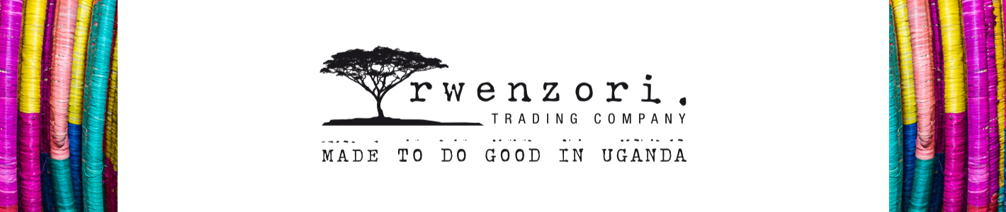 The image shows the "Rwenzori Trading Company" logo with colorful fabric rolls on the left.