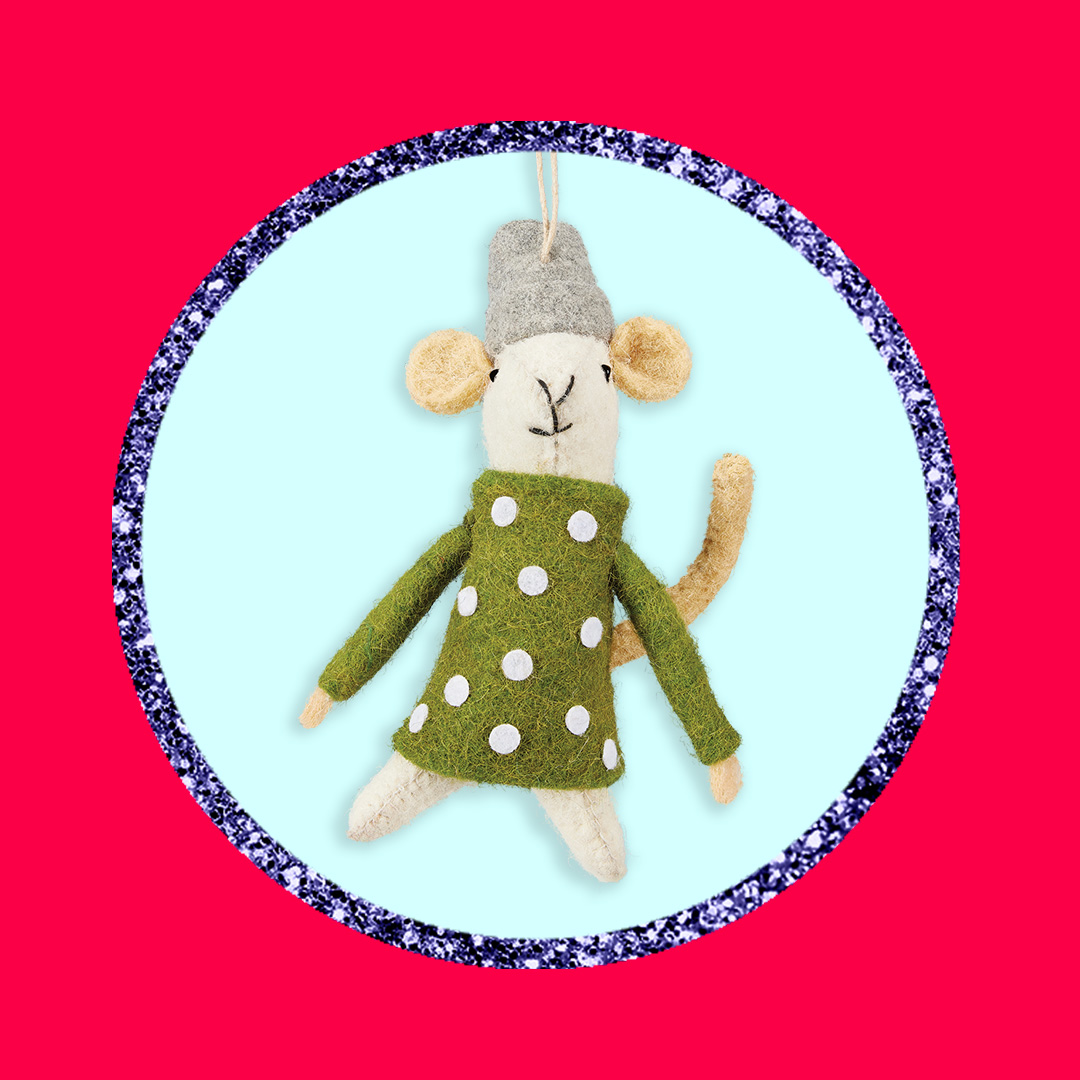 Felt Christmas tree decoration shaped like a mouse wearing a green polka-dot sweater and grey hat.