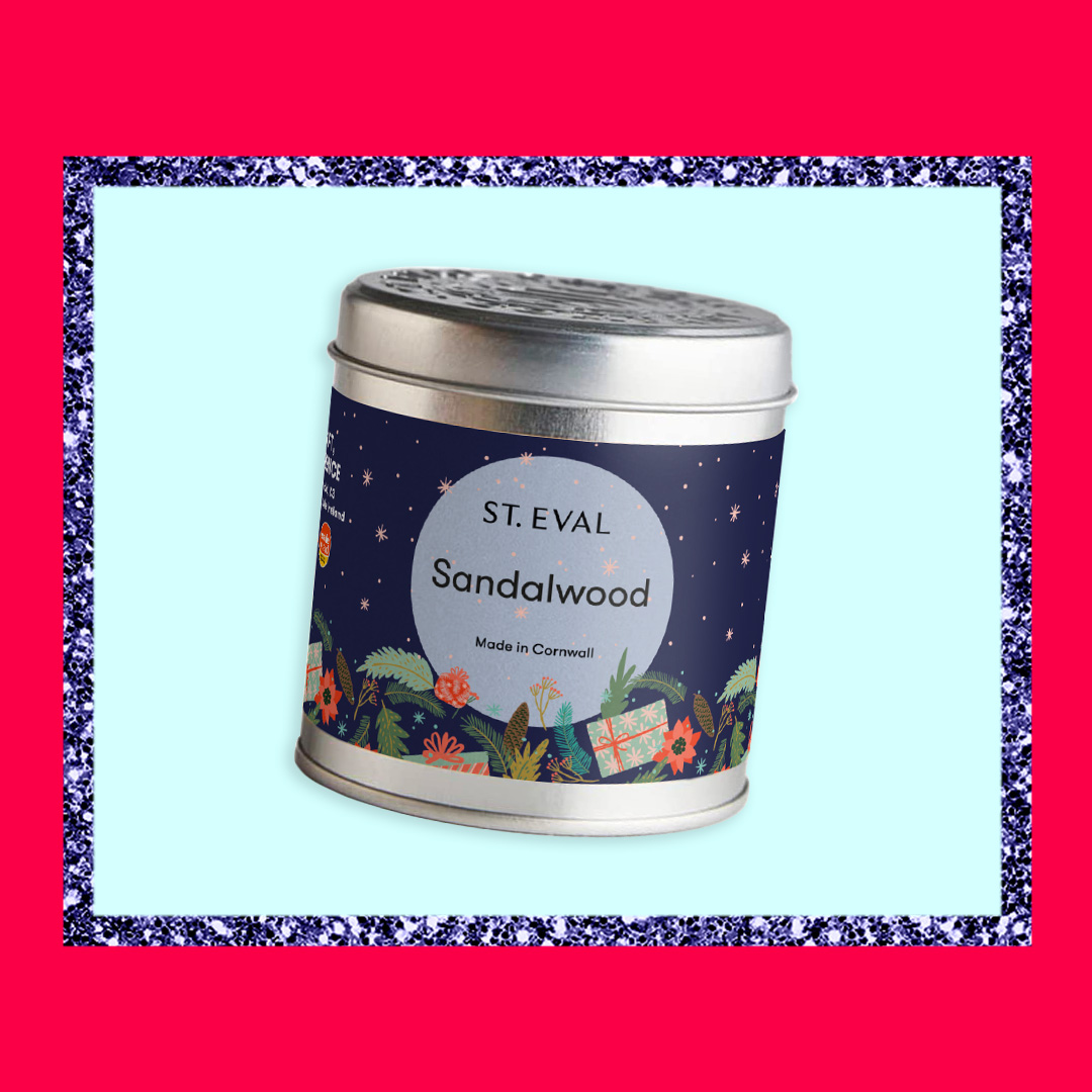 ST. EVAL Sandalwood scented candle in a festive tin, made in Cornwall.
