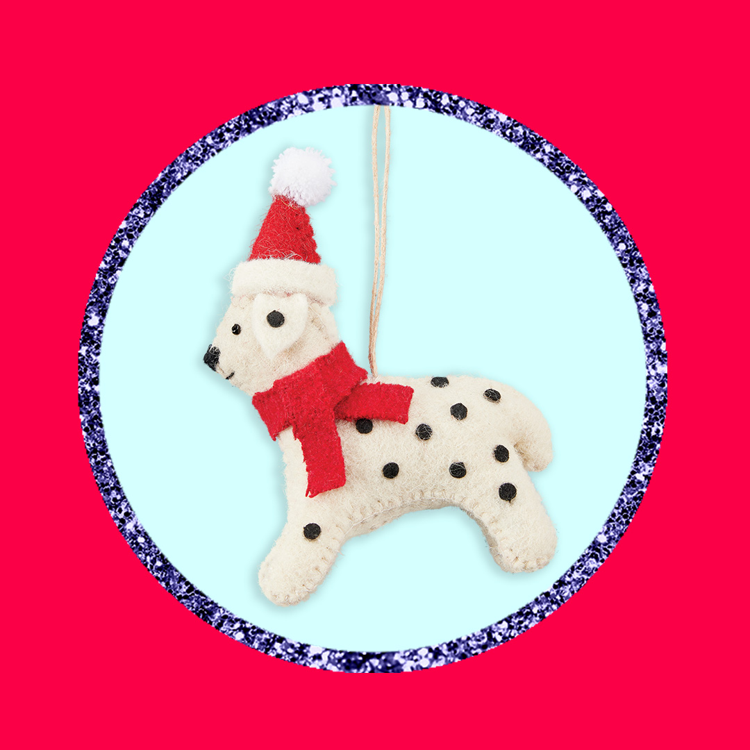 Felt Dalmatian Christmas tree decoration wearing a red Santa hat and scarf.