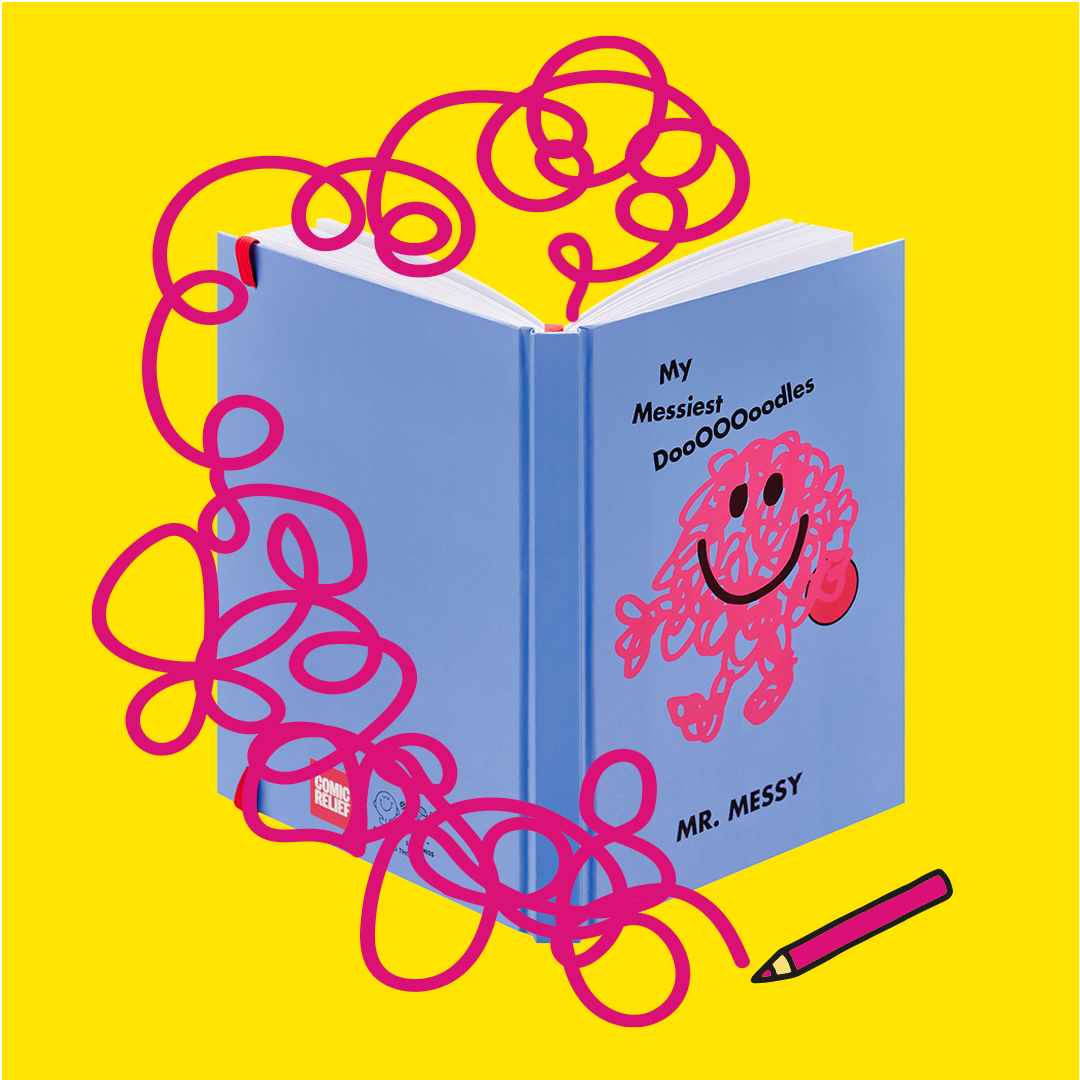 Blue doodle book titled “My Messiest DooOOOoodles” featuring Mr. Messy on the cover. Pink scribbles and a cartoon pencil appear around it, set against a bright yellow background. Comic Relief logo is on the spine.