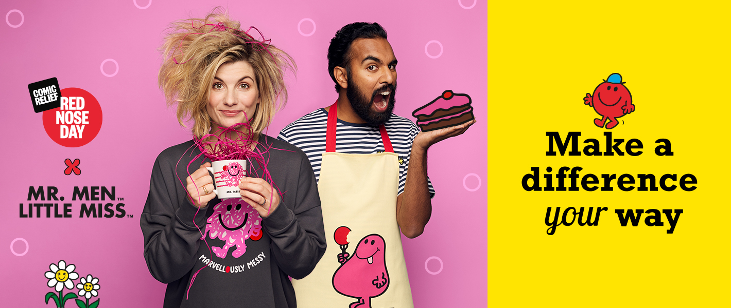 Comic Relief Red Nose Day x Mr. Men Little Miss. A woman and man promote the campaign with themed merch and cake. Text: “Make a difference your way.”