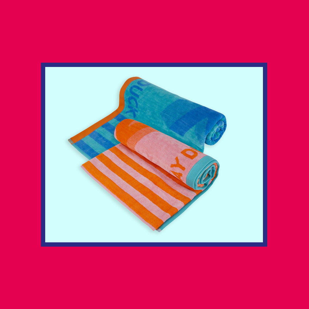 Two colorful rolled beach towels, one in blue tones and the other in orange and pink stripes, set against a light blue background with a dark blue border.
