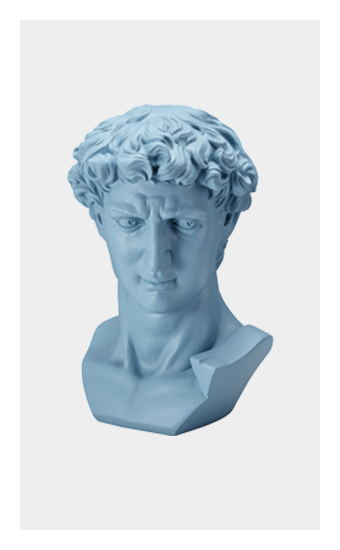 A blue bust sculpture of the classic "David" statue.