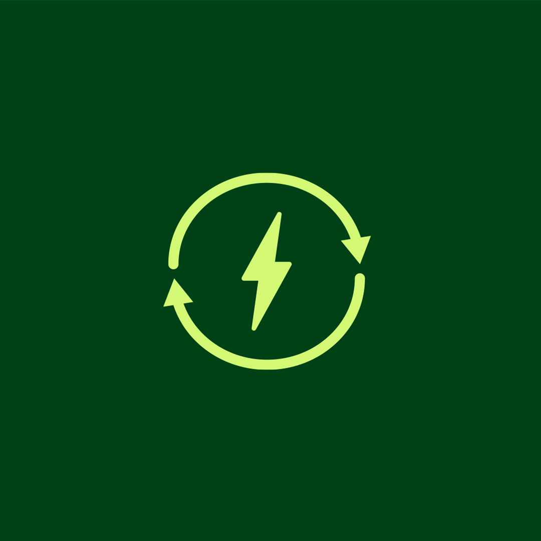 Light green circular arrow symbol with a lightning bolt in the center, representing renewable energy, on a dark green background.