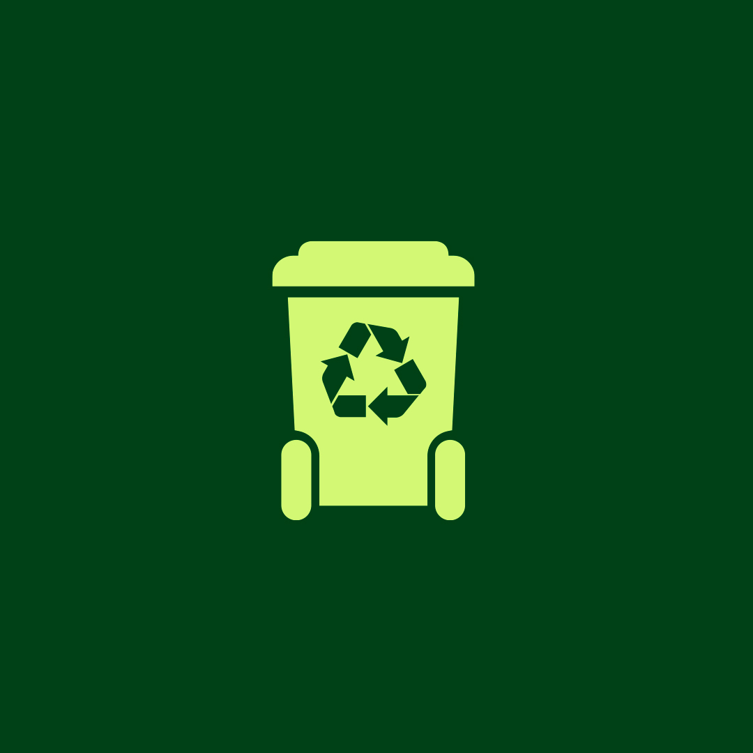 Light green recycling bin icon with a recycling symbol on the front, set against a dark green background.