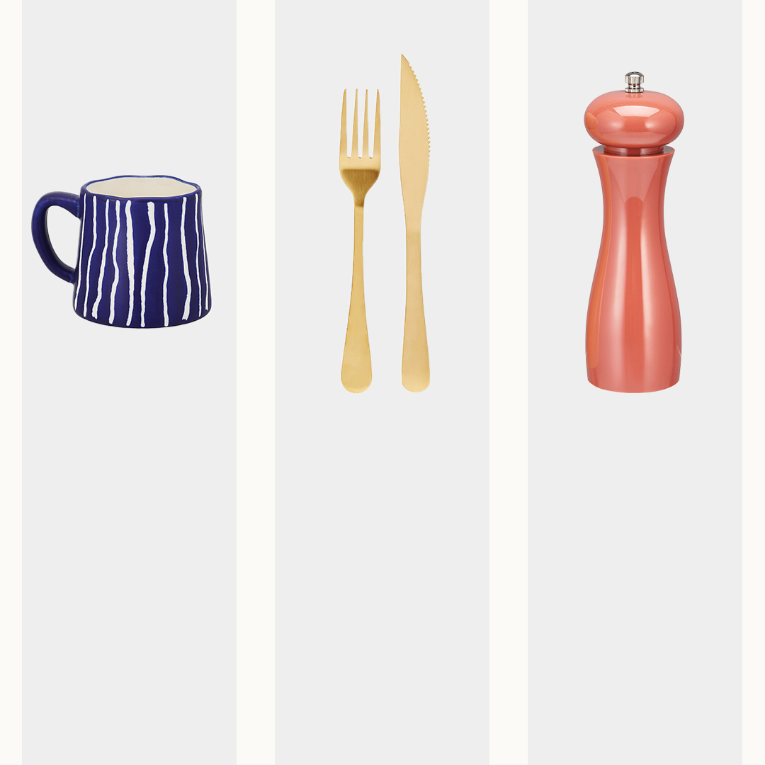 Blue striped mug, gold fork and knife, coral pepper grinder.